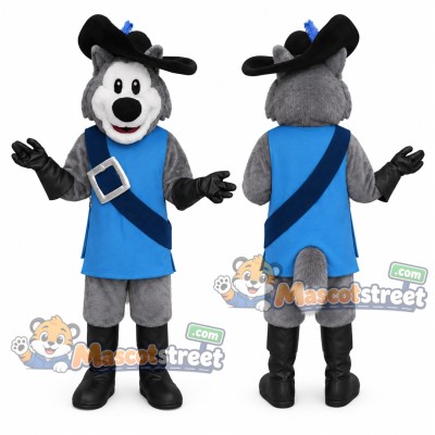 Gray Husky Mascot Costume with Blue Tunic and Hat