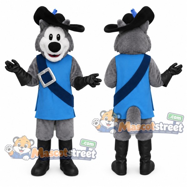 Gray Husky Mascot Costume with Blue Tunic and Hat