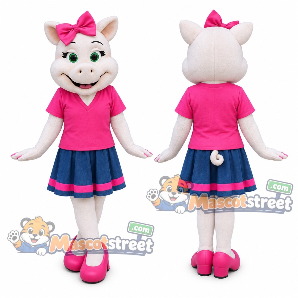 Pink Pig Mascot Costume with Pink Shirt and Blue Skirt