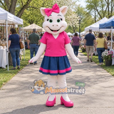 Pink Pig Mascot Costume with Pink Shirt and Blue Skirt Pink Pig Mascot Costume with Pink Shirt and Blue Skirt