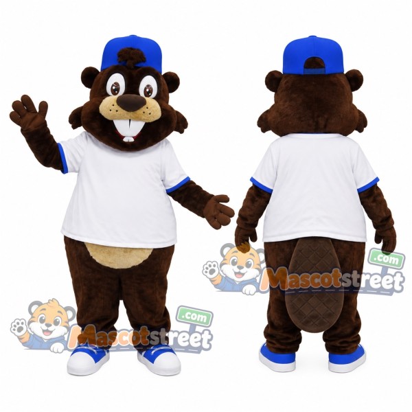 Brown Beaver Mascot Costume with White Shirt and Blue Cap