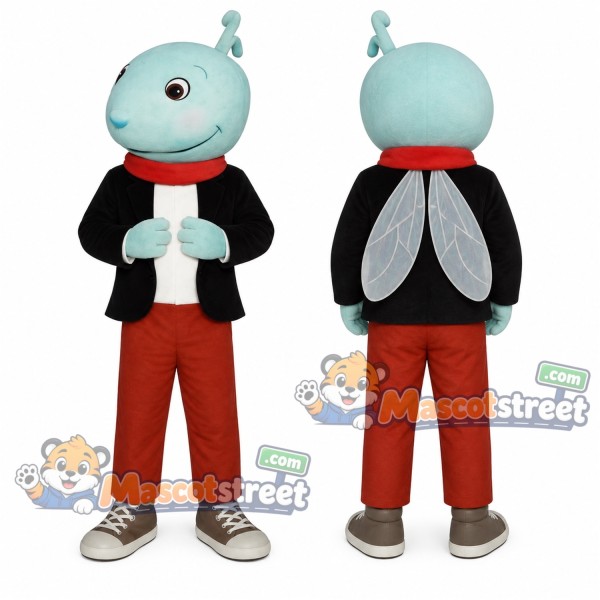 Blue Insect Mascot Costume with Black Jacket and Red Pants