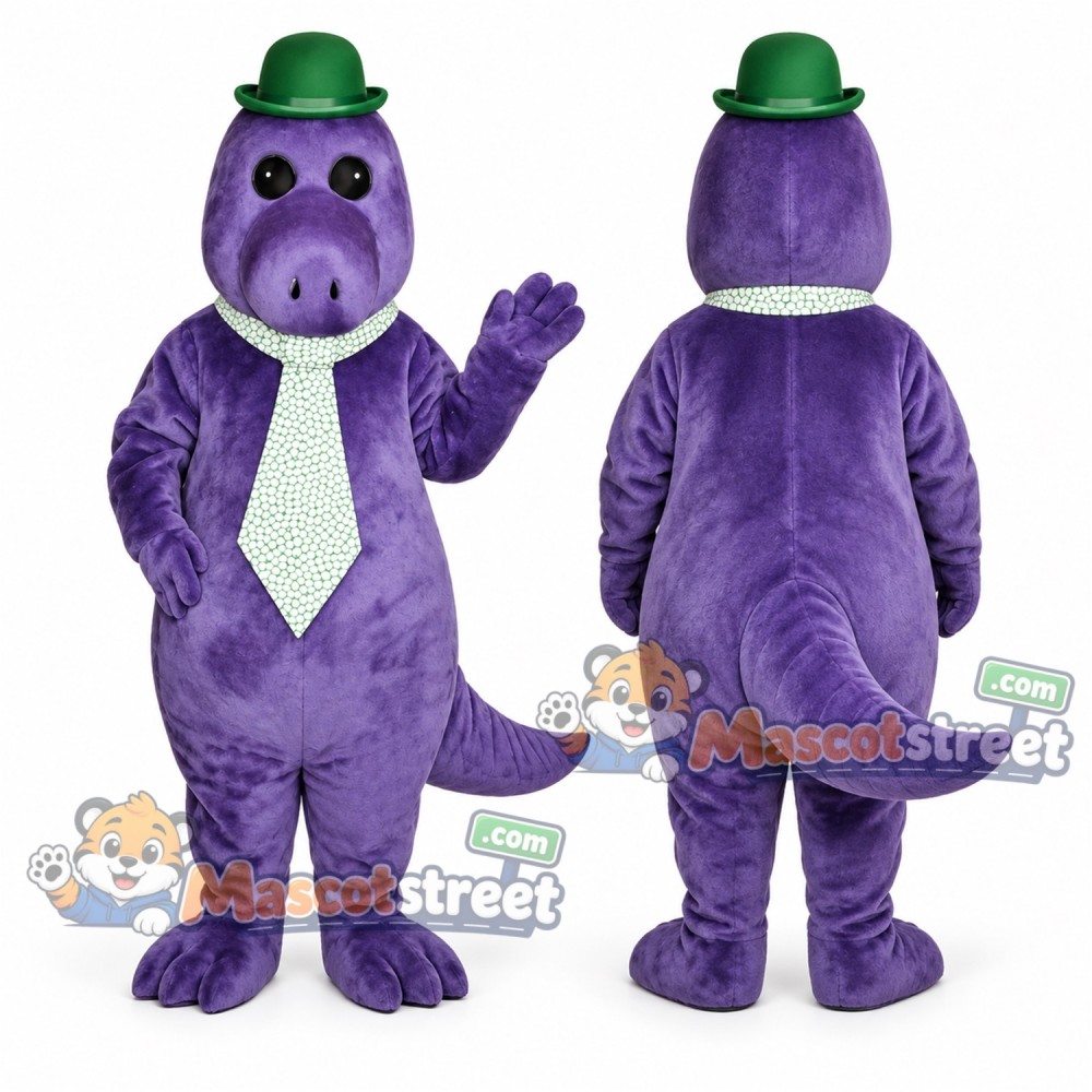 Purple Dinosaur Mascot Costume with Green Hat and Tie Purple Dinosaur Mascot Costume with Green Hat and Tie
