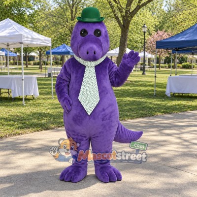 Purple Dinosaur Mascot Costume with Green Hat and Tie