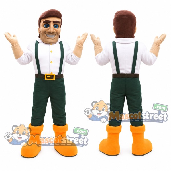 Lumberjack Mascot Costume with White Shirt, Dark Pants and Suspenders