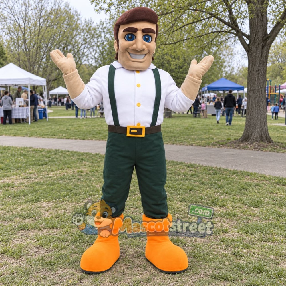Lumberjack Mascot Costume with White Shirt, Dark Pants and Suspenders