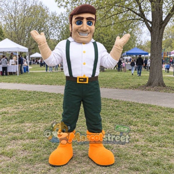 Lumberjack Mascot Costume with White Shirt, Dark Pants and Suspenders