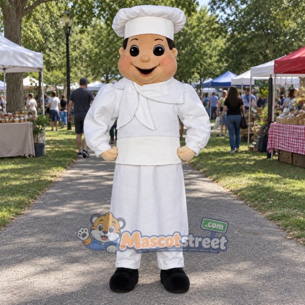 Baker Mascot Costume with White Uniform and Chef Hat