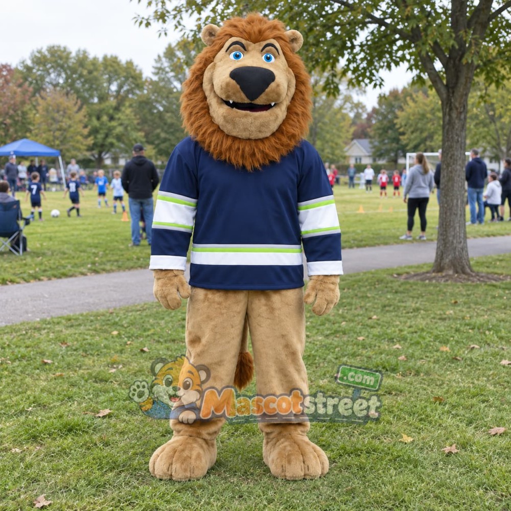 Tan Lion Mascot Costume with Navy Sports Shirt