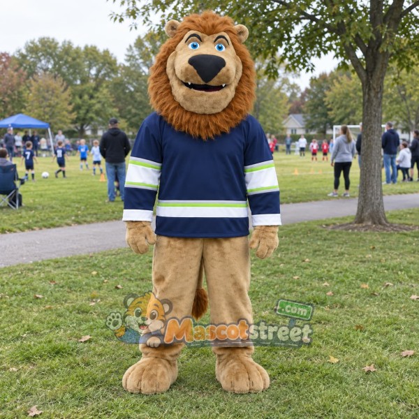 Tan Lion Mascot Costume with Navy Sports Shirt
