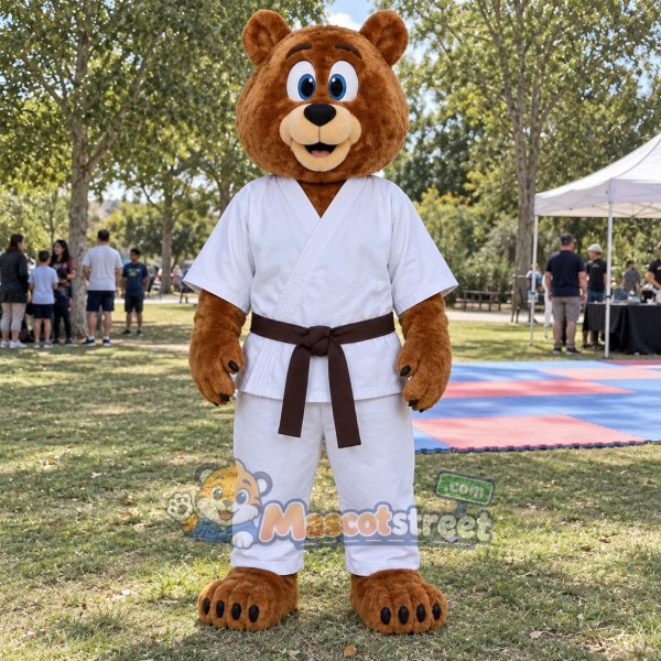 Brown Bear Mascot Costume with White Karate Uniform