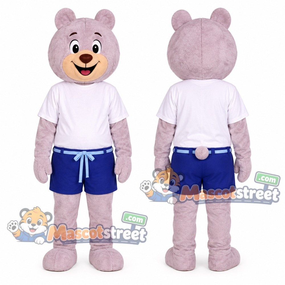 Purple Bear Mascot Costume with White Shirt and Blue Shorts Purple Bear Mascot Costume with White Shirt and Blue Shorts