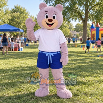 Purple Bear Mascot Costume with White Shirt and Blue Shorts Purple Bear Mascot Costume with White Shirt and Blue Shorts