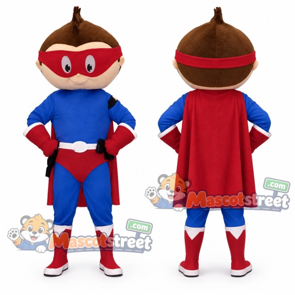 Boy Superhero Mascot Costume with Blue Suit and Red Cape