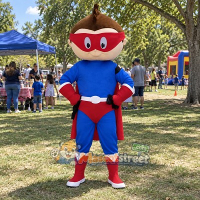 Boy Superhero Mascot Costume with Blue Suit and Red Cape