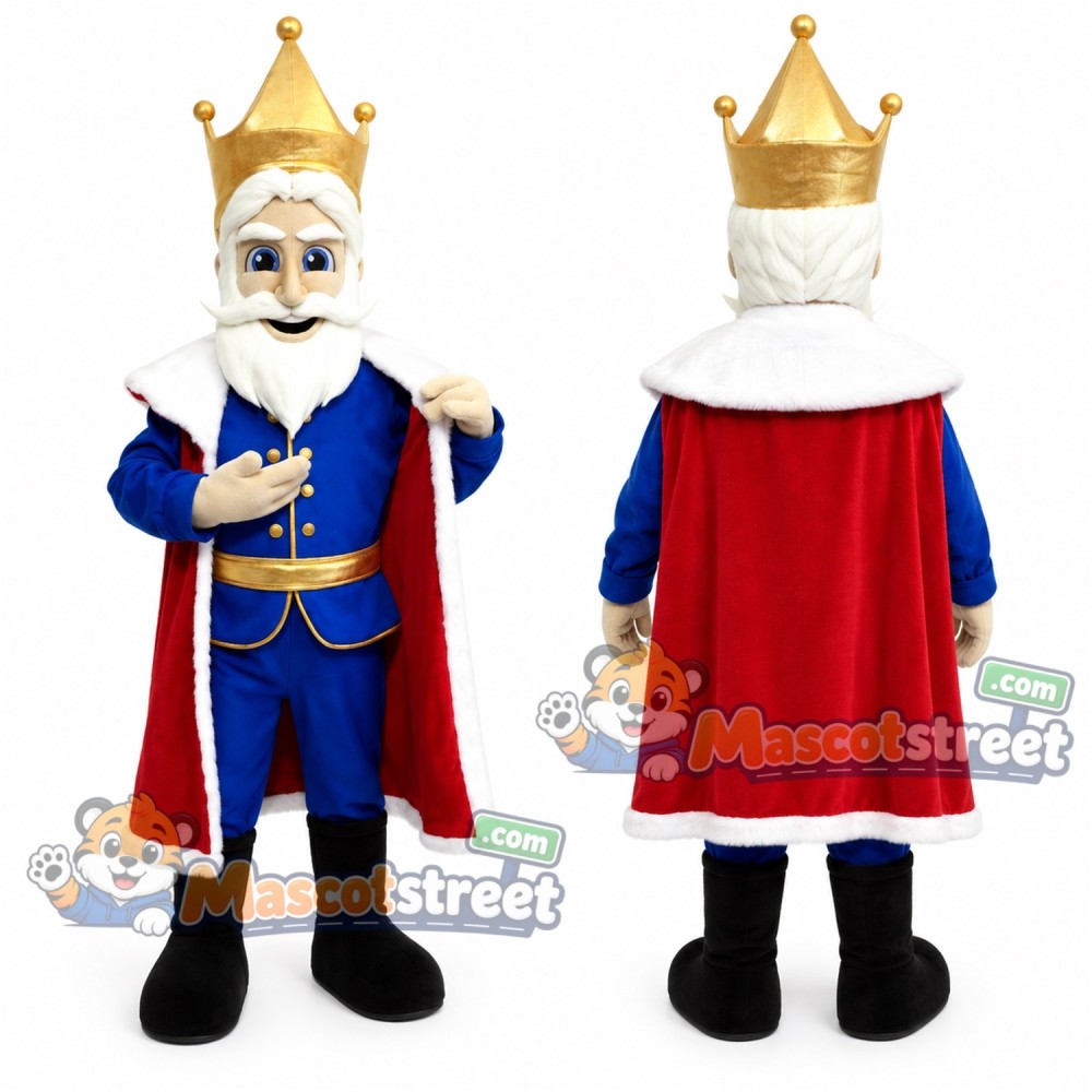 King Mascot Costume with Blue Robe, Red Cape and Crown