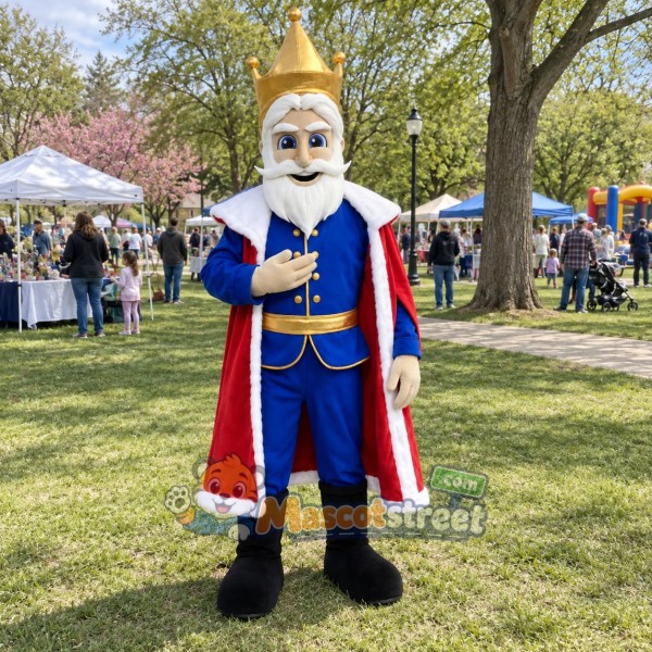 King Mascot Costume with Blue Robe, Red Cape and Crown