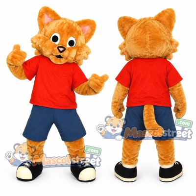 Orange Cat Mascot Costume with Red Shirt and Blue Shorts Orange Cat Mascot Costume with Red Shirt and Blue Shorts