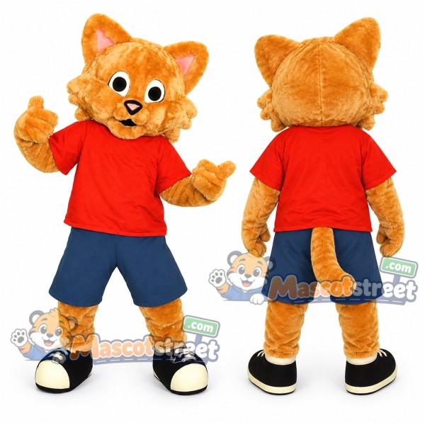 Orange Cat Mascot Costume with Red Shirt and Blue Shorts