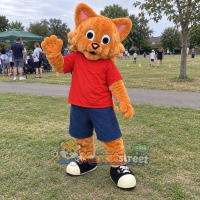 Orange Cat Mascot Costume with Red Shirt and Blue Shorts Orange Cat Mascot Costume with Red Shirt and Blue Shorts