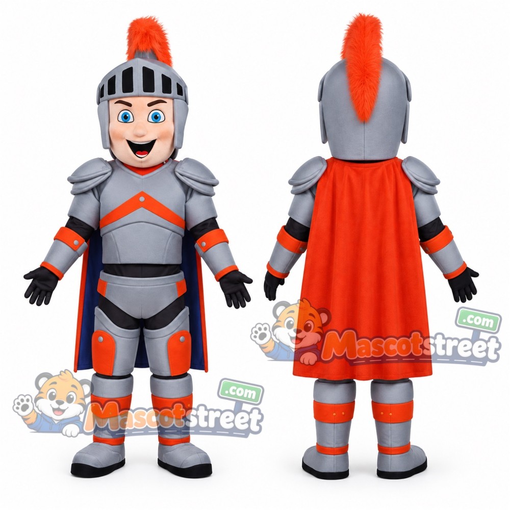 Knight Mascot Costume with Silver Armor and Orange Cape Knight Mascot Costume with Silver Armor and Orange Cape