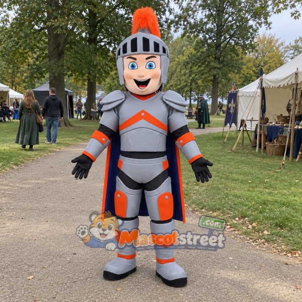 Knight Mascot Costume with Silver Armor and Orange Cape