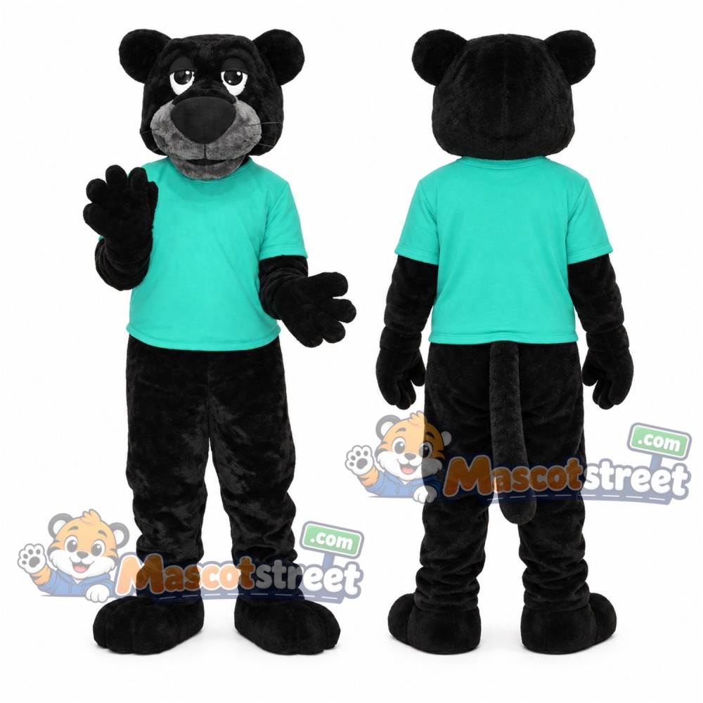 Black Panther Mascot Costume with Teal Shirt Black Panther Mascot Costume with Teal Shirt