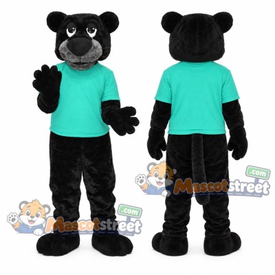 Black Panther Mascot Costume with Teal Shirt Black Panther Mascot Costume with Teal Shirt