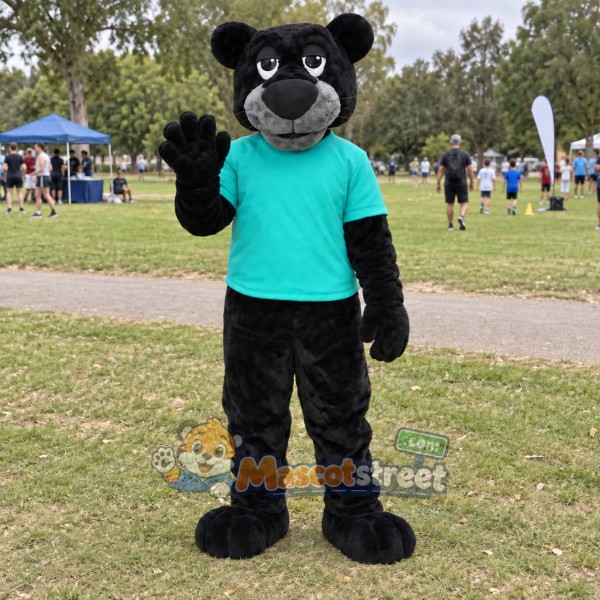 Black Panther Mascot Costume with Teal Shirt