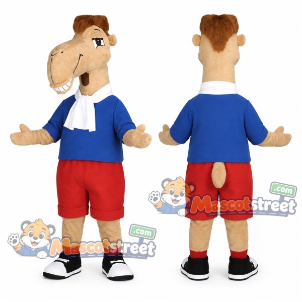 Llama Mascot Costume with Blue Shirt and Red Shorts