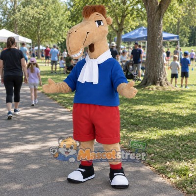 Llama Mascot Costume with Blue Shirt and Red Shorts