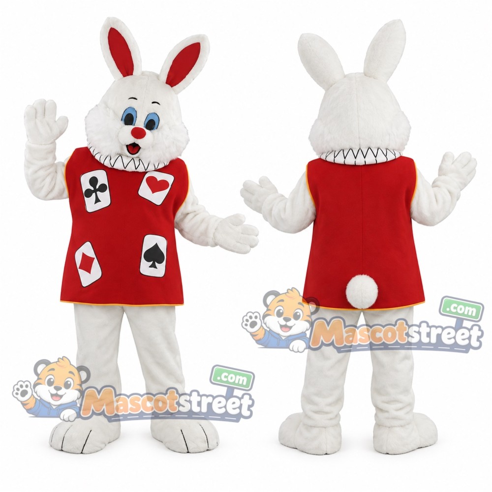 White Rabbit Mascot Costume with Red Card Suit Vest White Rabbit Mascot Costume with Red Card Suit Vest