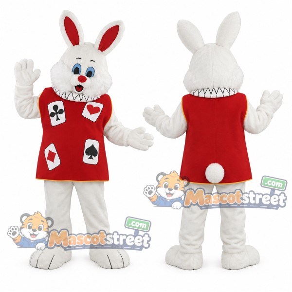 White Rabbit Mascot Costume with Red Card Suit Vest