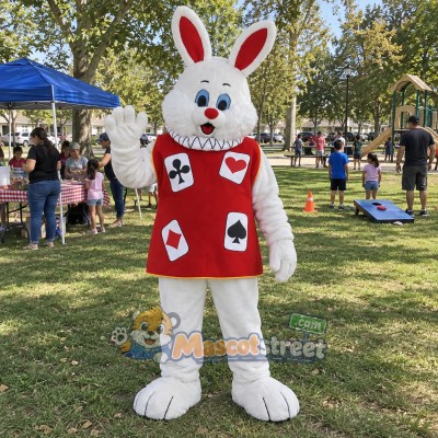 White Rabbit Mascot Costume with Red Card Suit Vest White Rabbit Mascot Costume with Red Card Suit Vest
