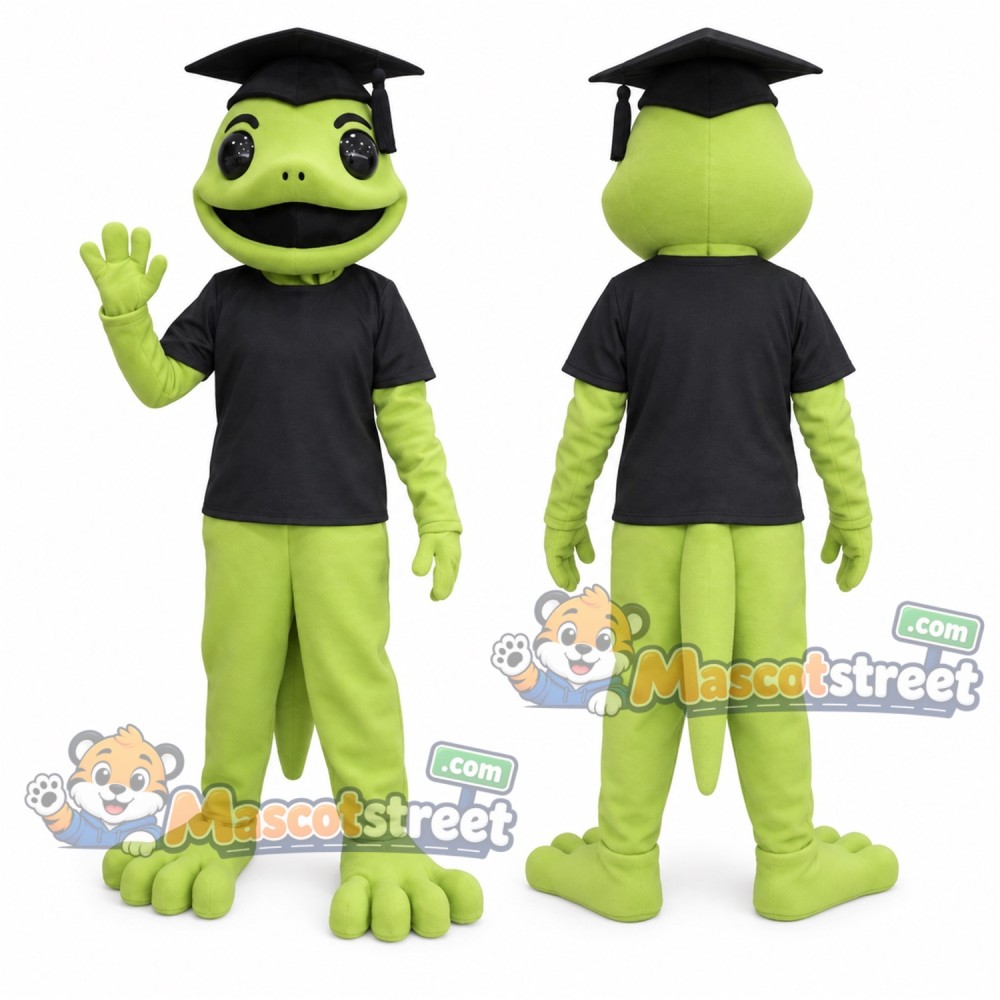 Green Lizard Mascot Costume with Black Shirt and Graduation Cap Green Lizard Mascot Costume with Black Shirt and Graduation Cap