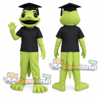Green Lizard Mascot Costume with Black Shirt and Graduation Cap Green Lizard Mascot Costume with Black Shirt and Graduation Cap