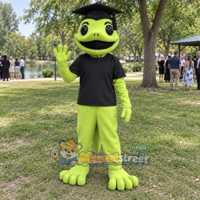 Green Lizard Mascot Costume with Black Shirt and Graduation Cap Green Lizard Mascot Costume with Black Shirt and Graduation Cap