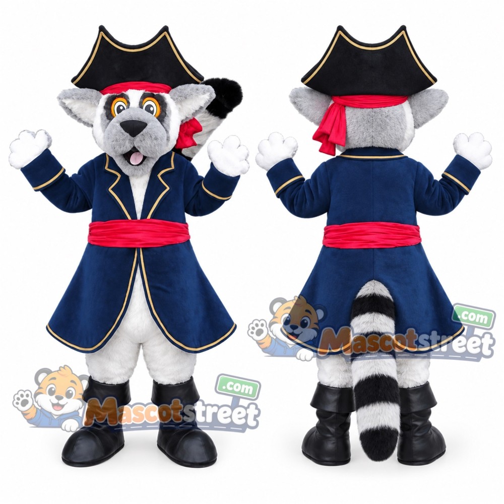 Gray Lemur Pirate Mascot Costume with Navy Coat and Tricorn Hat Gray Lemur Pirate Mascot Costume with Navy Coat and Tricorn Hat