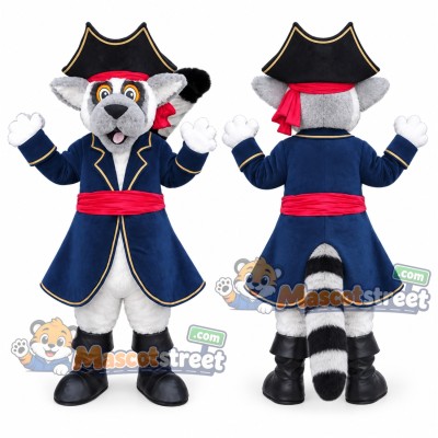 Gray Lemur Pirate Mascot Costume with Navy Coat and Tricorn Hat Gray Lemur Pirate Mascot Costume with Navy Coat and Tricorn Hat