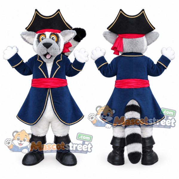 Gray Lemur Pirate Mascot Costume with Navy Coat and Tricorn Hat
