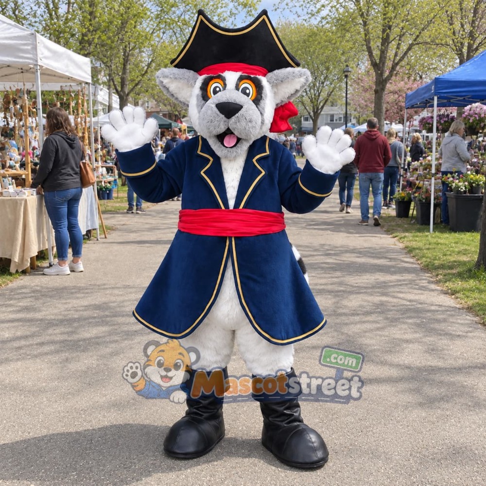 Gray Lemur Pirate Mascot Costume with Navy Coat and Tricorn Hat Gray Lemur Pirate Mascot Costume with Navy Coat and Tricorn Hat