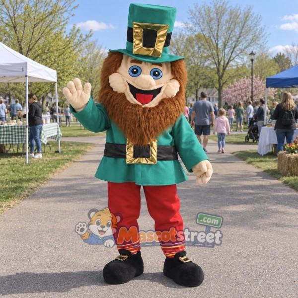 Leprechaun Mascot Costume with Green Coat, Red Pants and Top Hat