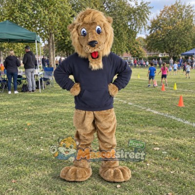 Tan Lion Mascot Costume with Navy Shirt