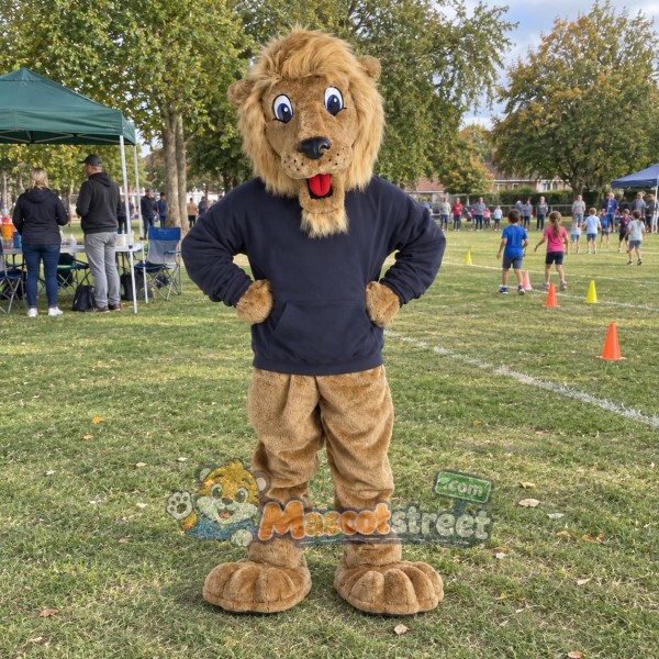 Tan Lion Mascot Costume with Navy Shirt