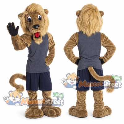 Tan Lion Mascot Costume with Gray Shirt and Navy Shorts Tan Lion Mascot Costume with Gray Shirt and Navy Shorts