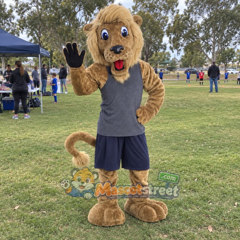 Tan Lion Mascot Costume with Gray Shirt and Navy Shorts Tan Lion Mascot Costume with Gray Shirt and Navy Shorts