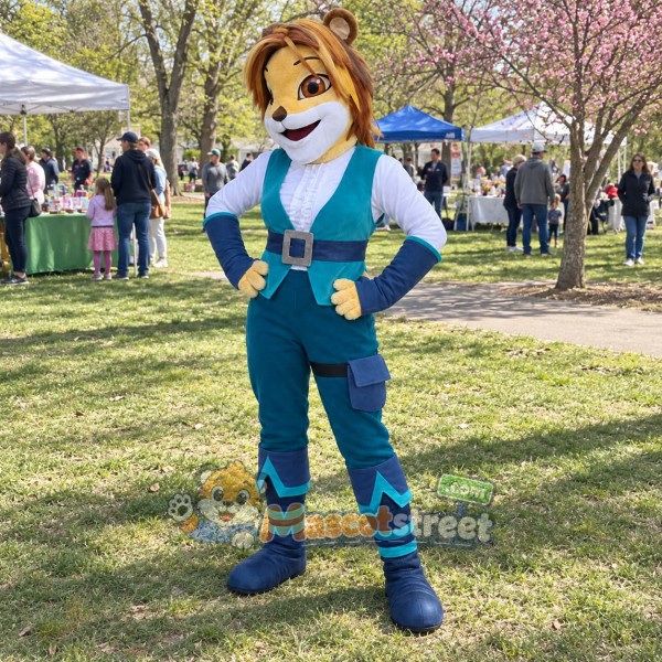 Tan Lioness Mascot Costume with Teal Outfit