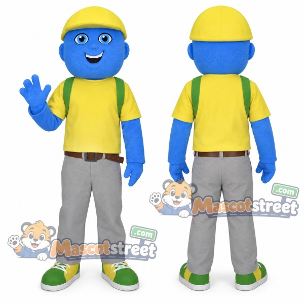 Blue Boy Mascot Costume with Yellow Shirt, Gray Pants and Yellow Cap