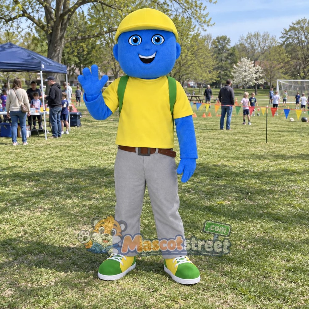Blue Boy Mascot Costume with Yellow Shirt, Gray Pants and Yellow Cap Blue Boy Mascot Costume with Yellow Shirt, Gray Pants and Yellow Cap