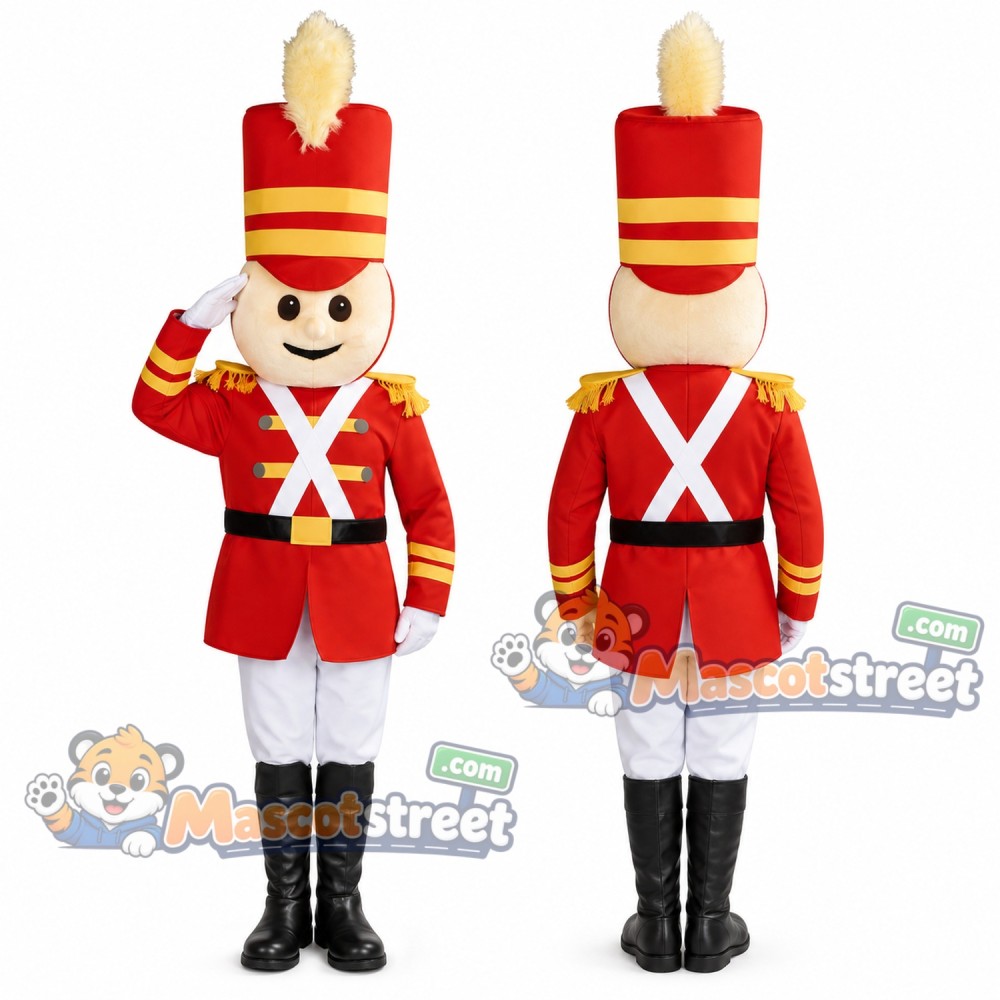 Toy Soldier Mascot Costume with Red Uniform and Tall Hat Toy Soldier Mascot Costume with Red Uniform and Tall Hat